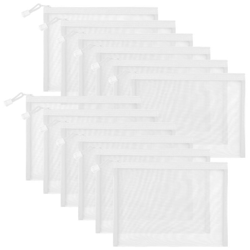 Sinzip 12 Pieces Zipper Nylon Mesh Pouch Mesh Cosmetic Bags Makeup Bags Pencil Case Multipurpose Travel Bags for Cosmetic School Office Supplies and Travel Accessories White A5